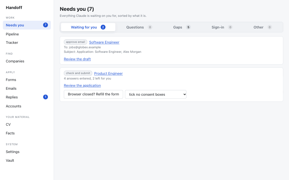 Handoff dashboard demo: tasks waiting, an email draft, a CV with its ATS score, and a reply